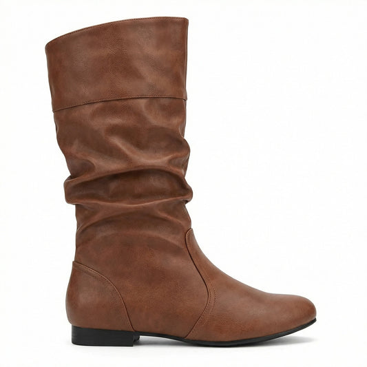 Eveloria Damen Flache Stiefel Bis Zum Knie Faltenleder Schwarz - Eveloria