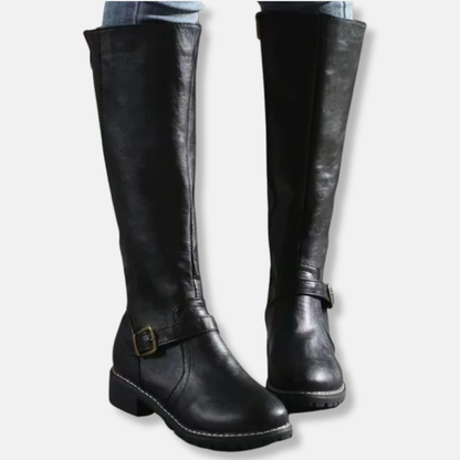 Damen Stiefel Kunstleder Kniefester Schaft Abgerundete Spitze
