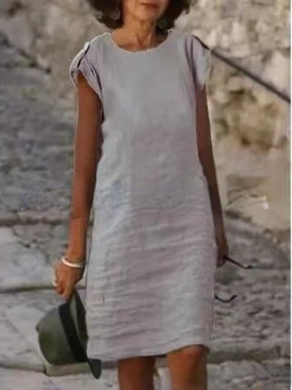 Damen Midikleid Baumwolle Ärmellos Rundausschnitt