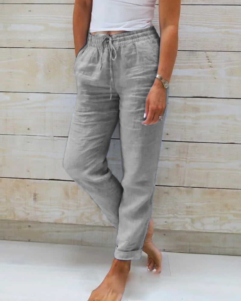 Damen Leinenhose Lässig Sommer Beige mit Kordelzug