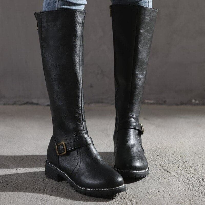 Damen Kniehohe Stiefel Blockabsatz Rundzehen Leder