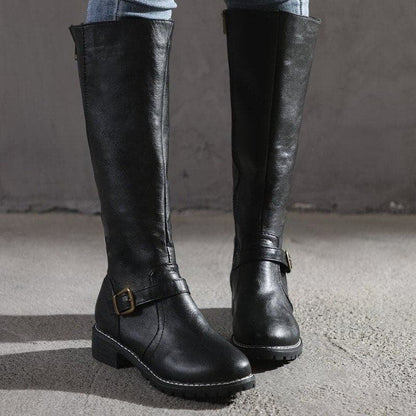 Damen Kniehohe Stiefel Blockabsatz Rundzehen Leder