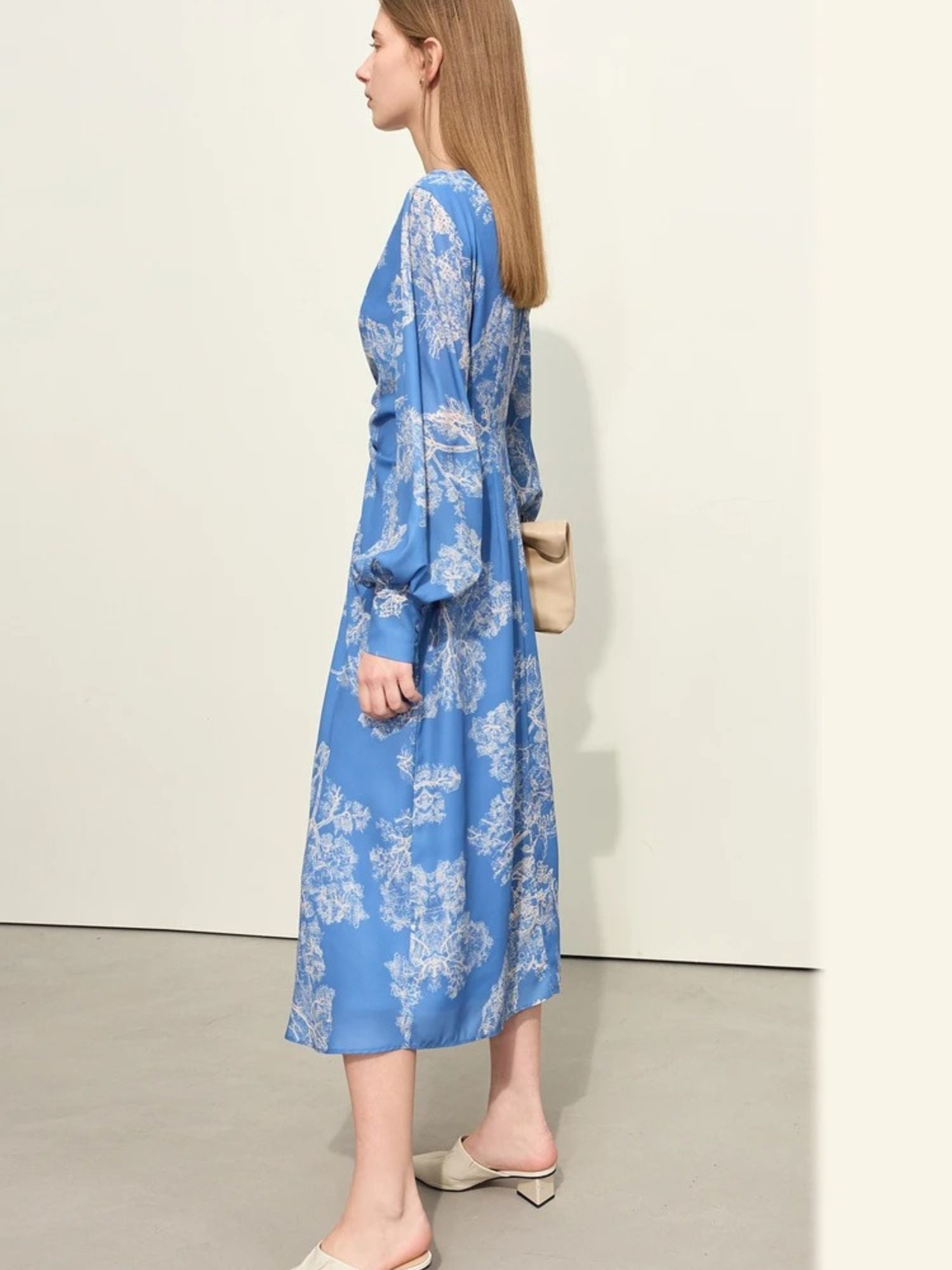 Damen Chiffonkleid V-Ausschnitt Kordelzug Laternenärmel - Eveloria