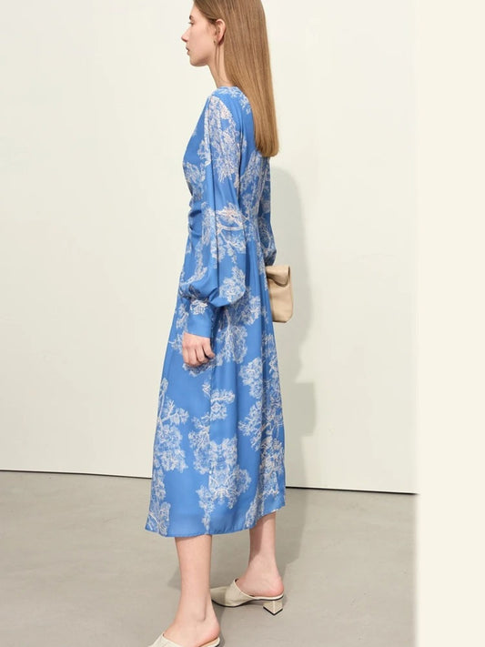 Damen Chiffonkleid V-Ausschnitt Kordelzug Laternenärmel - Eveloria