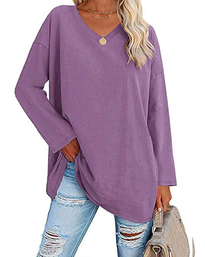 Eveloria Damen Langarm T-Shirt V-Ausschnitt Einfarbig