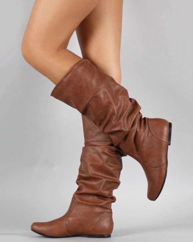 Eveloria Damen Flache Stiefel Bis Zum Knie Faltenleder