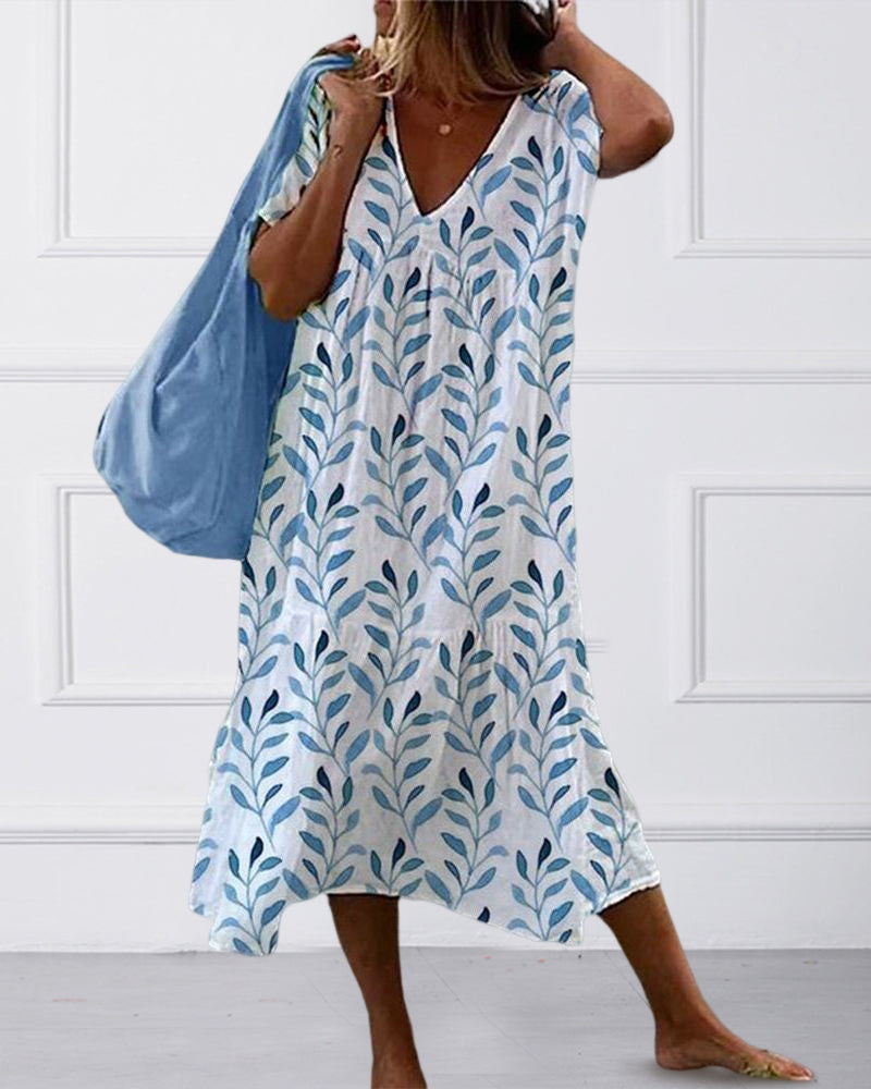 Eveloria Damen Midi-Kleid Blätterdruck Fließender Schnitt