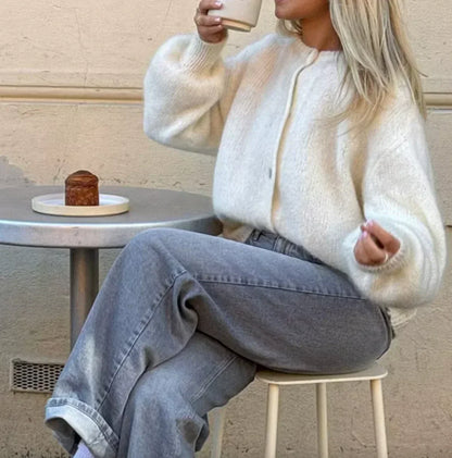 Damen Strickcardigan Weich Knöpfe Beige