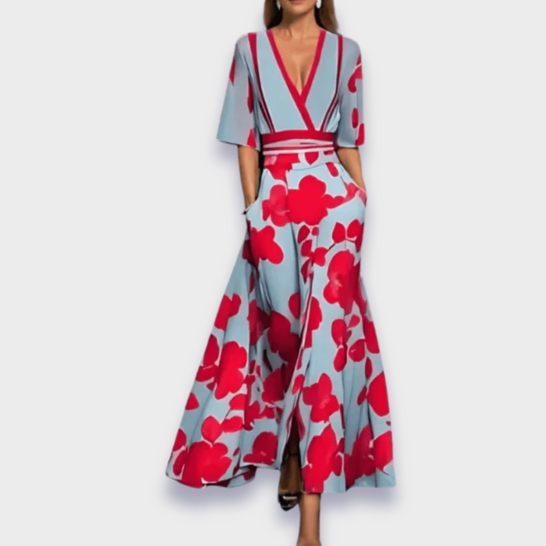 Damen Blumenmuster Maxikleid V-Ausschnitt