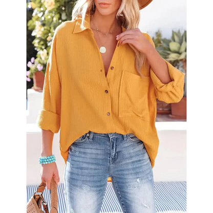 Damen Bluse Unifarbe Knopfleiste Hemdkragen Elegante Langarmbluse