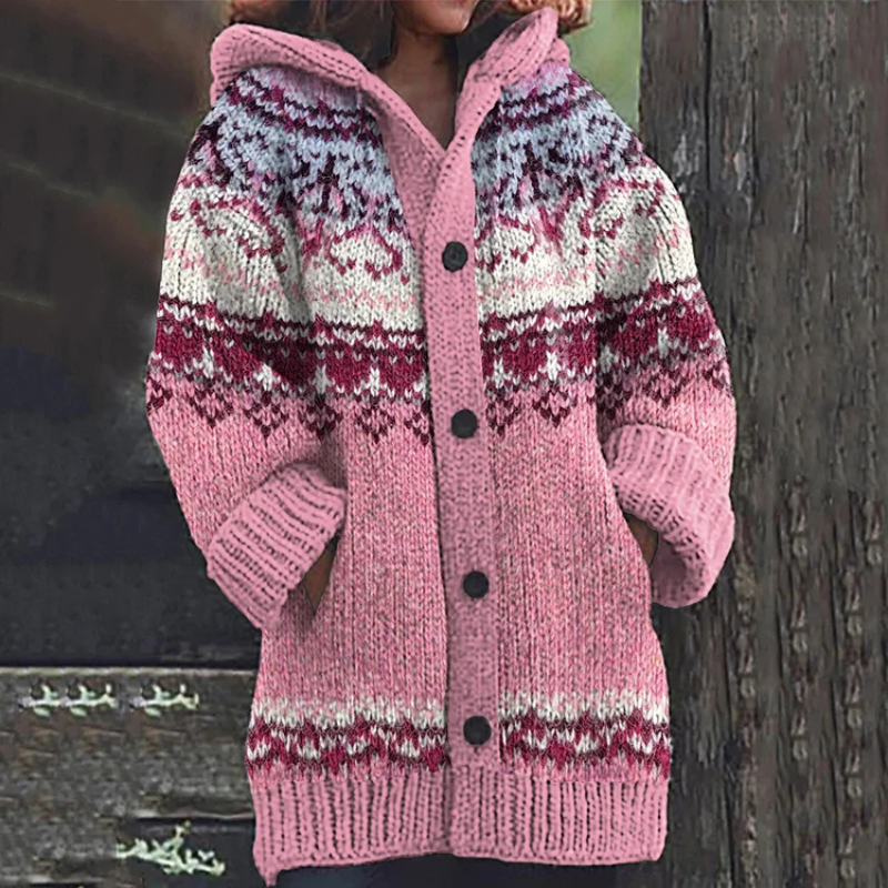 Damen Cardigan Lang Mit Kapuze Knöpfe