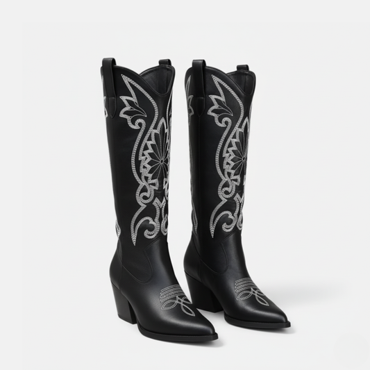 Damen Stiefel Kunstleder Knielang Bestickt Western Blockabsatz - Eveloria