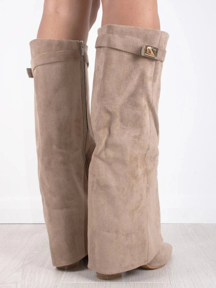 Damen Kniehohe Stiefel Weiter Schaft Stabiler Blockabsatz
