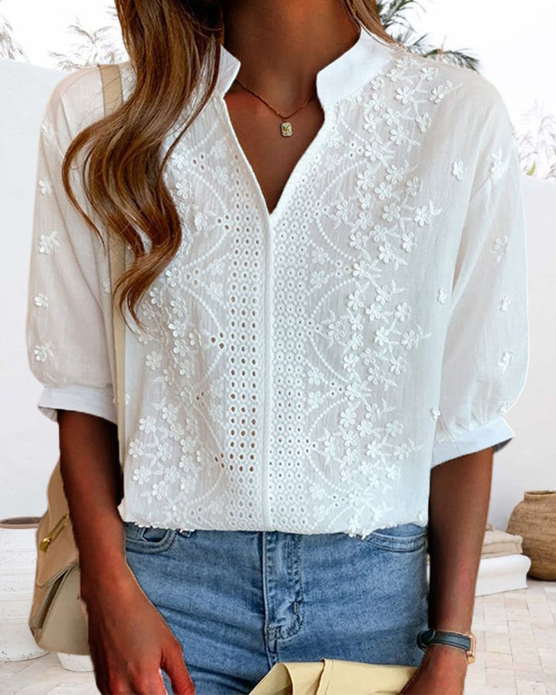 Damen Bluse V-Ausschnitt Puffärmel