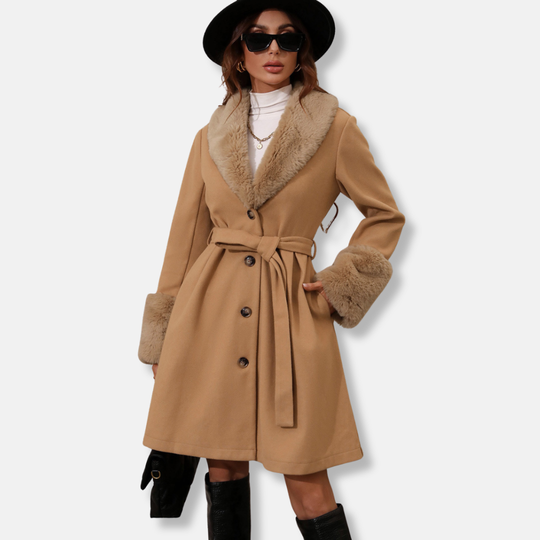 Damen Trenchcoat Taillierte Passform Fellkragen Mittellang