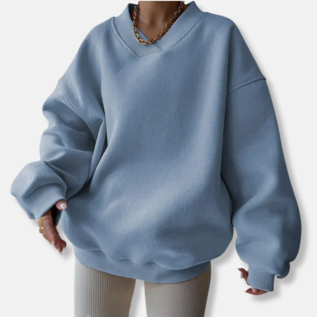 Eveloria Damen Sweatshirt Fleece-Mischung Übergroß V-Ausschnitt Grau