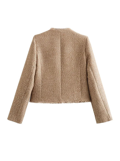 Damen Tweed-Jacke Elegantes Design Knopfleiste Beige