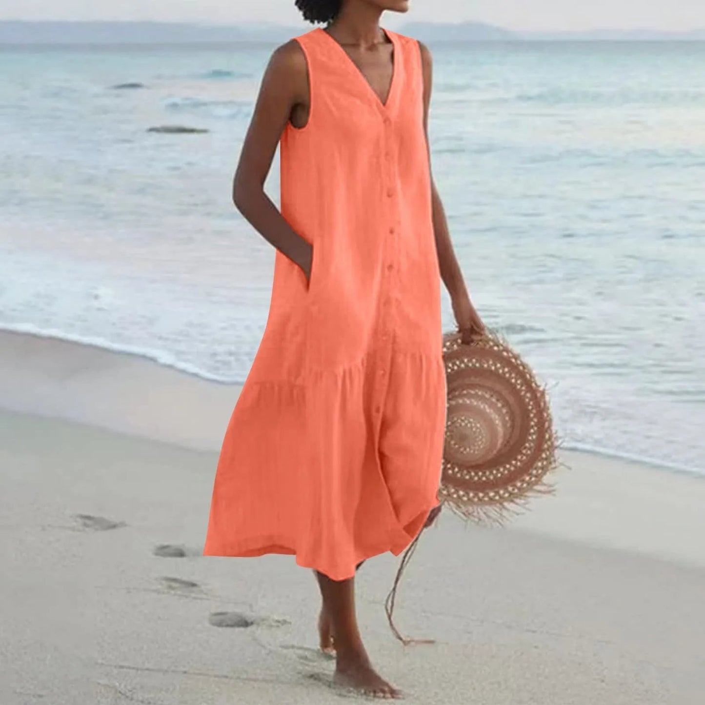 Damen Ärmelloses Strandkleid V-Ausschnitt Midi