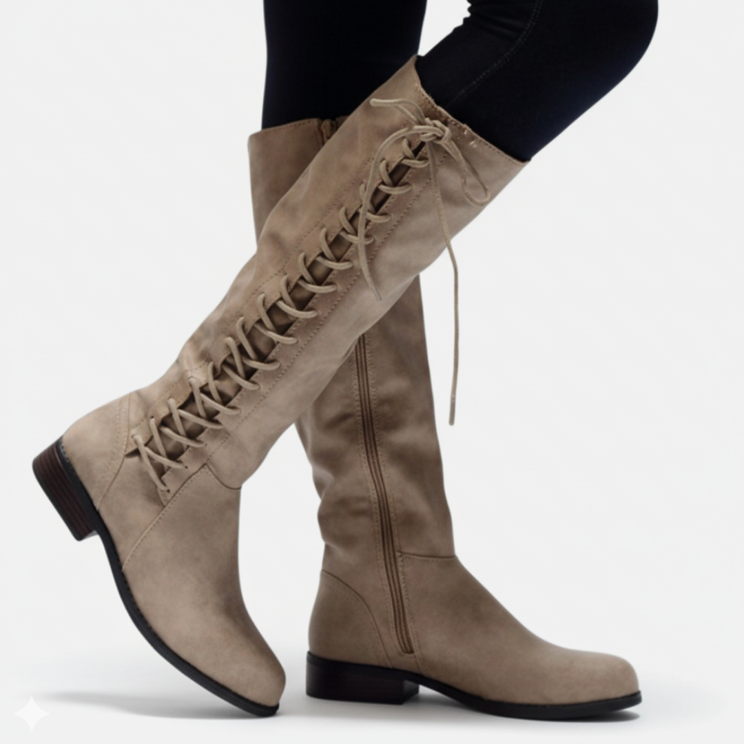 Damen Kniehohe Stiefel Kunstleder Kreuzschnürung