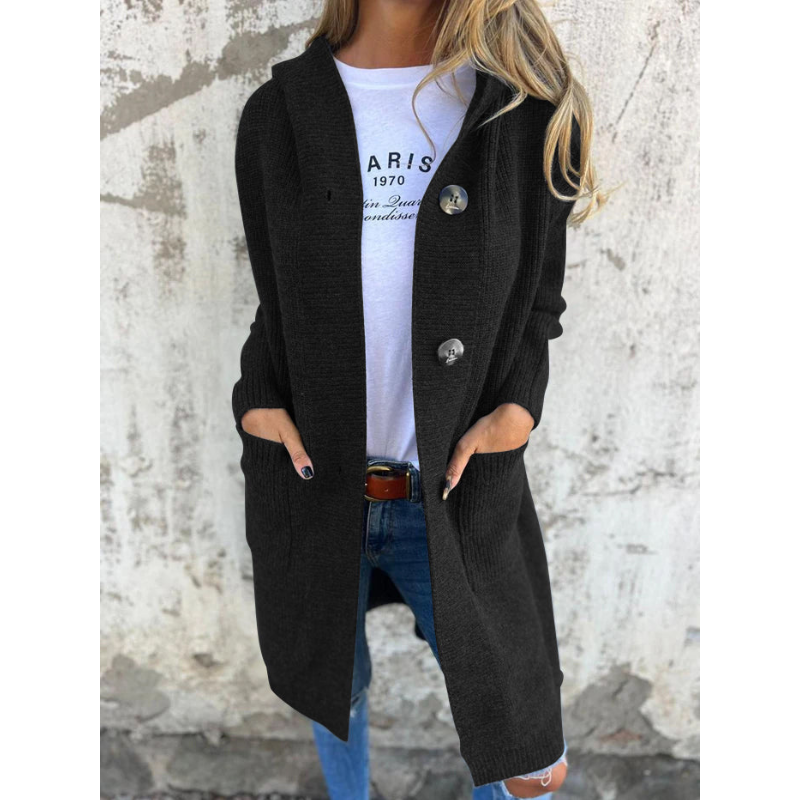 Damen Cardigan Lang Mit Kapuze Große Knöpfe