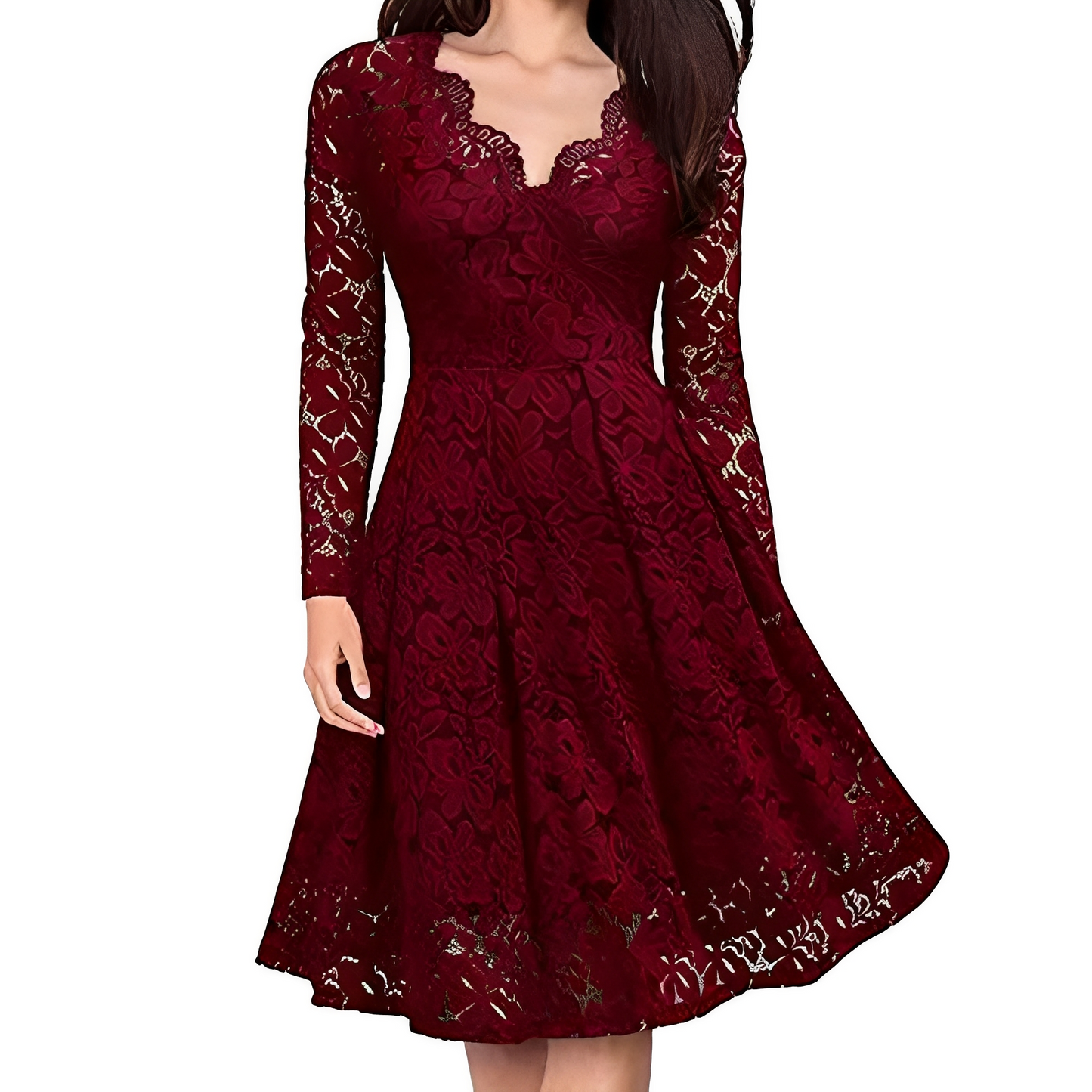 Damen Eleganzkleid V-Ausschnitt Länge Knie Langärmlig