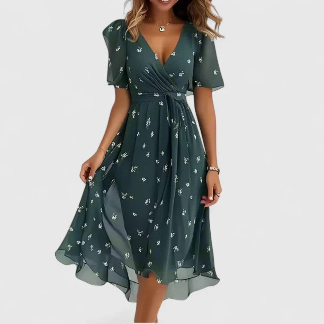 Damen Blumen Midi Kleid V-Ausschnitt