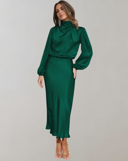 Eveloria Damen Satin Kleid Langärmlig
