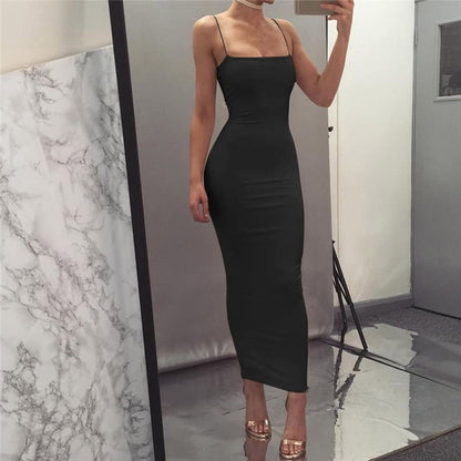 Eveloria Damen Bodycon Kleid Spaghettiträger Midi Länge Elegant