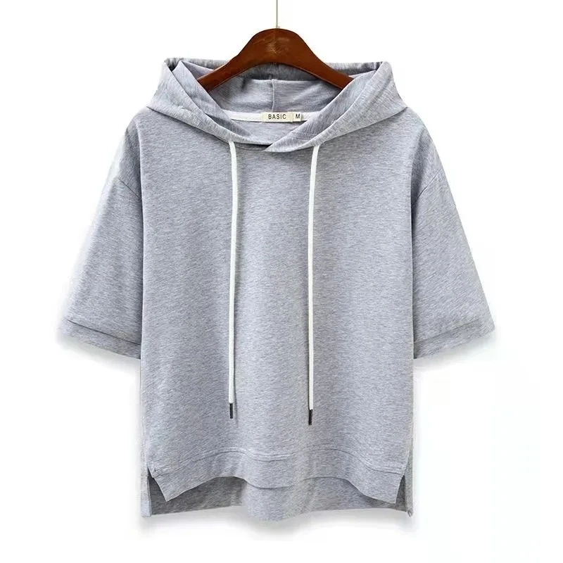 Herren Kurzarm Kapuzenpullover Baumwolle Bequem Grau