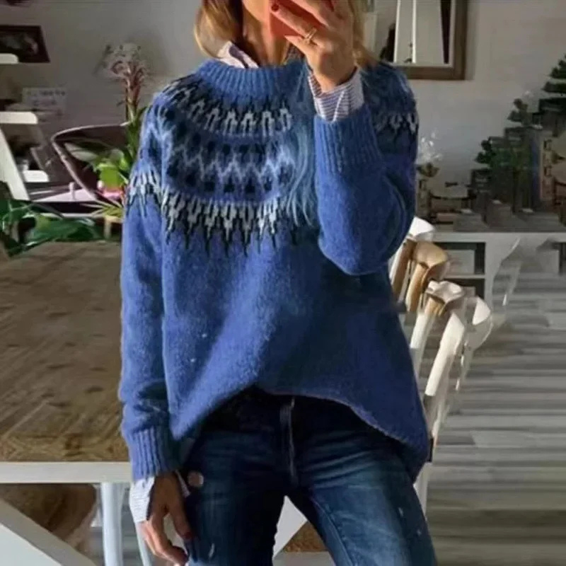 Aubryna Damen Grobstrickpullover Norwegermuster Tribal Look