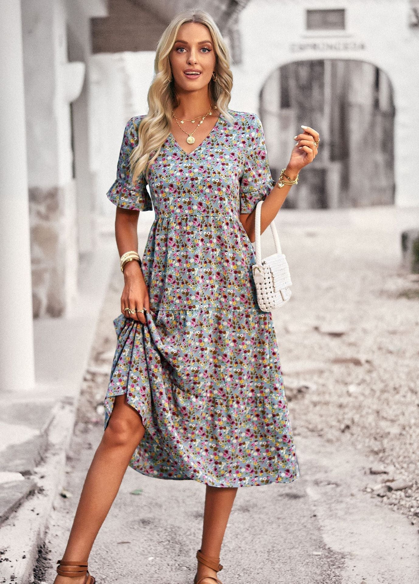 Damen Florales Midikleid Bequeme Passform