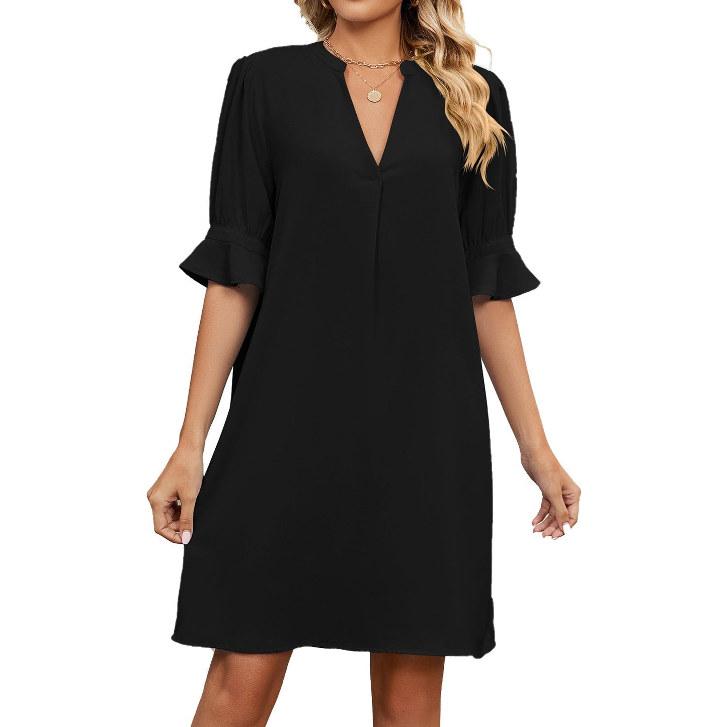 Damen Kleid V-Ausschnitt Luftig Elegantes Alltagskleid