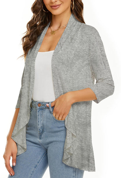 Eveloria Damen Strickjacke Einfarbig 7/8 Ärmel Rüschenrand