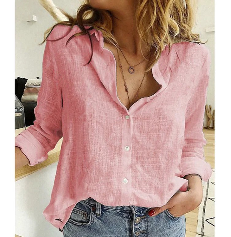 Damen Bluse V-Ausschnitt Knopfleiste Leicht Blau