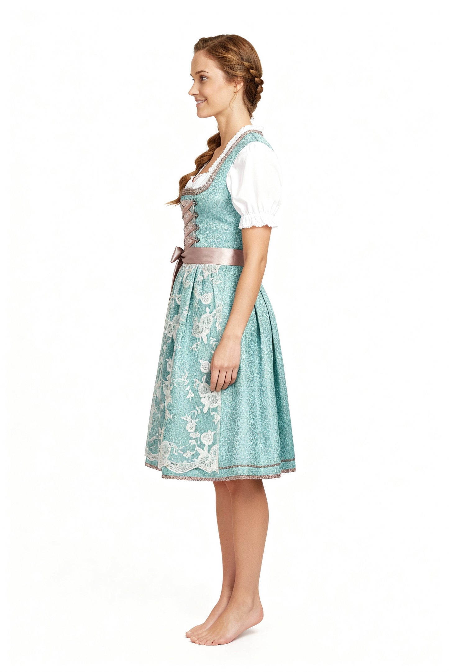 Damen Dirndl Traditionell Mit Schürze Blau Weiss