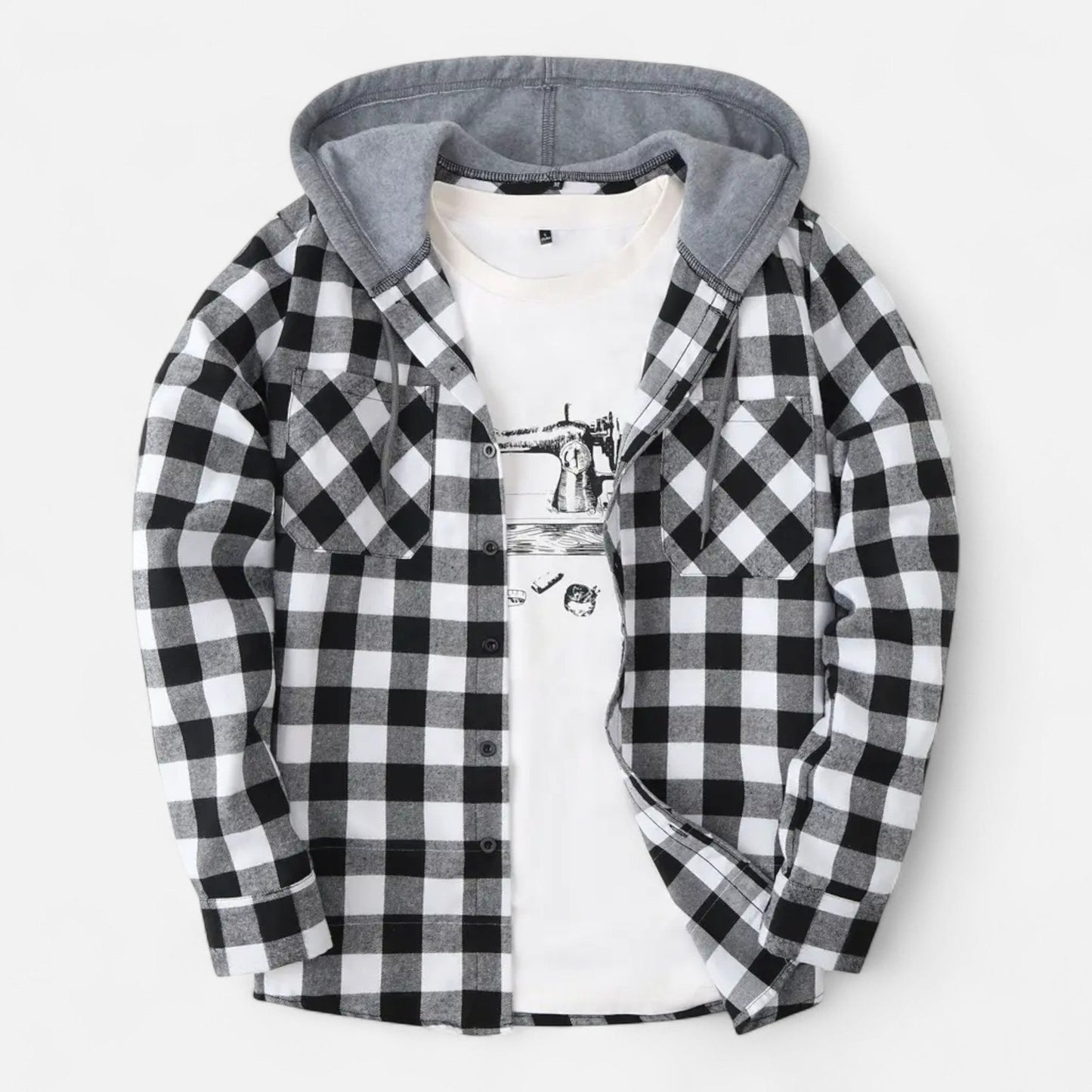Jadon Herren Karo-Hoodie Knopfleiste Kordelzug