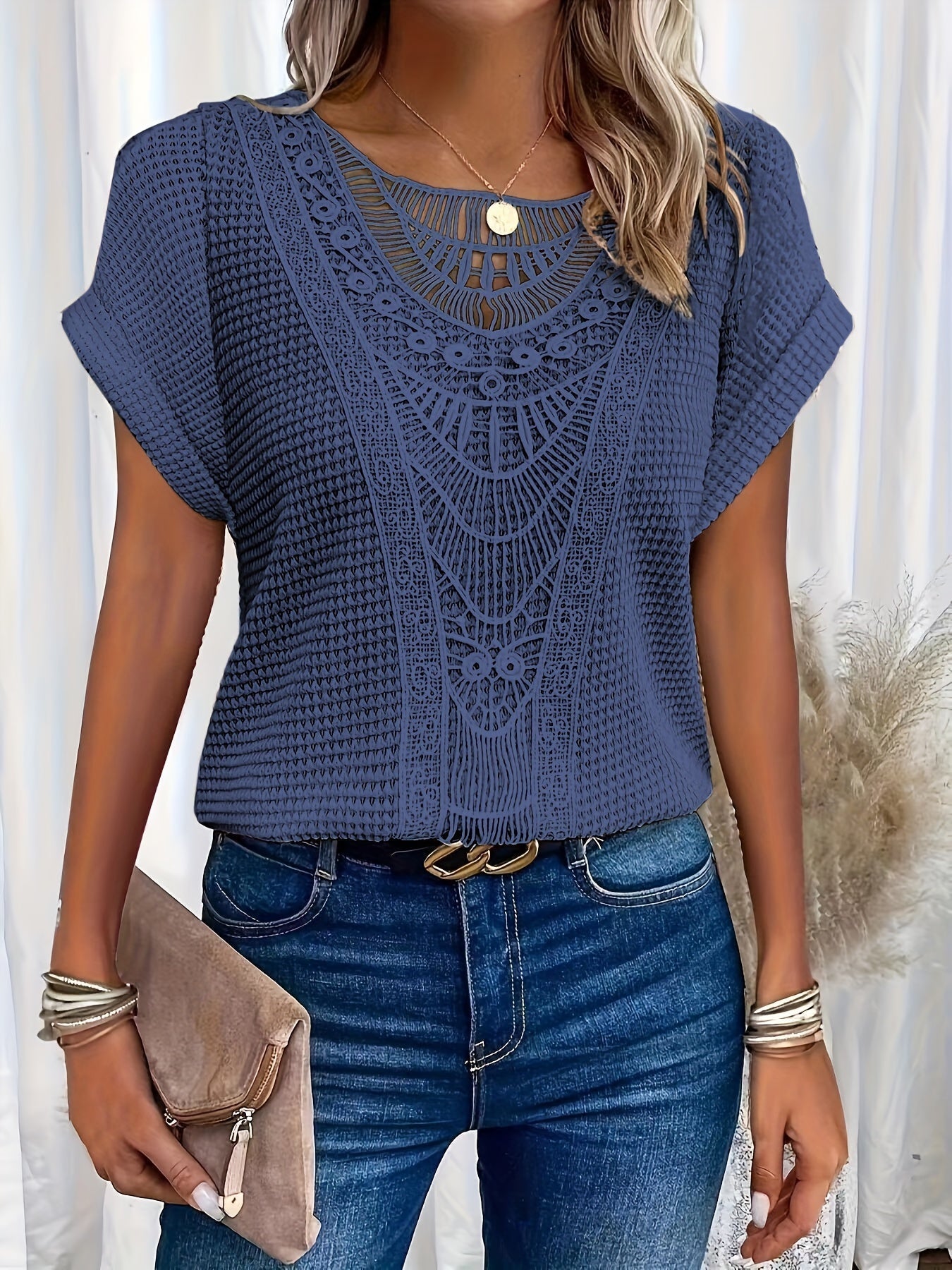 Eveloria Damen Spitzen-T-Shirt Elegant Weiß