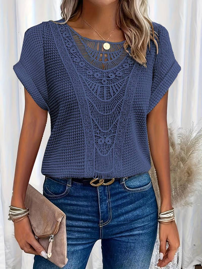 Eveloria Damen T-Shirt Rundhals Spitzenspleiß Weiß