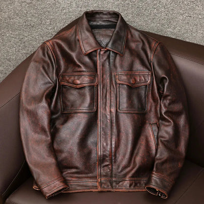 Herren Lederjacke Braun Langlebig Knopfverschluss - Eveloria