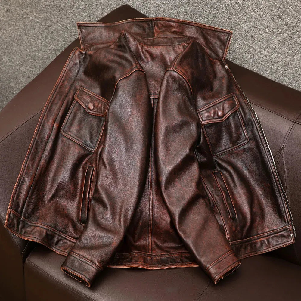 Herren Lederjacke Braun Langlebig Knopfverschluss