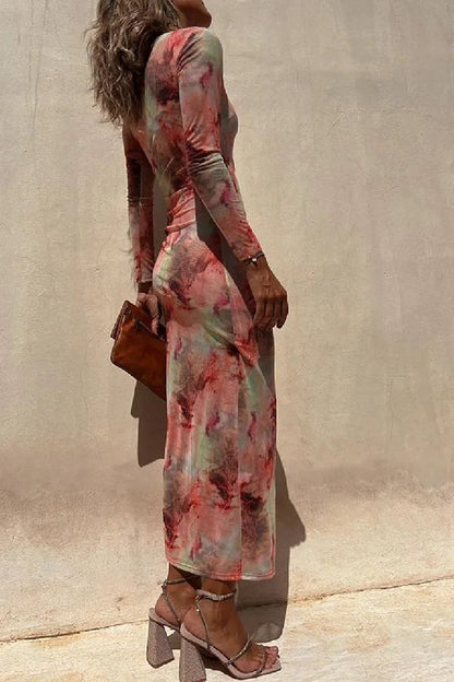 Damen Midi Kleid Langarm Rüsch Mesh Stretch Charm Lady Tie Dye