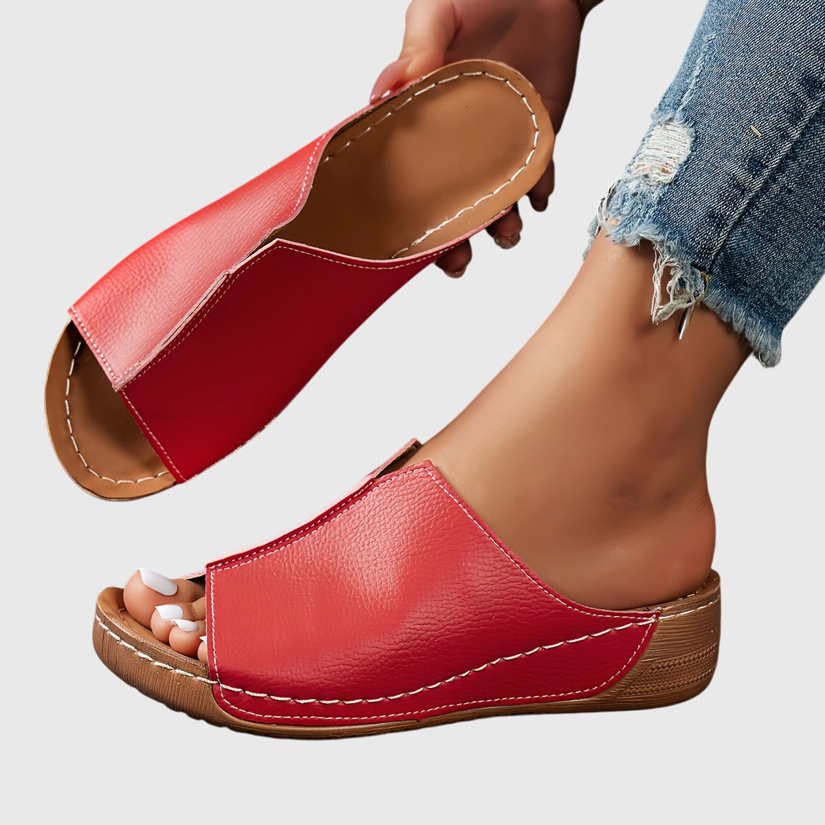 Damen Keilabsatz-Sandalen Offen Slip-On Leder