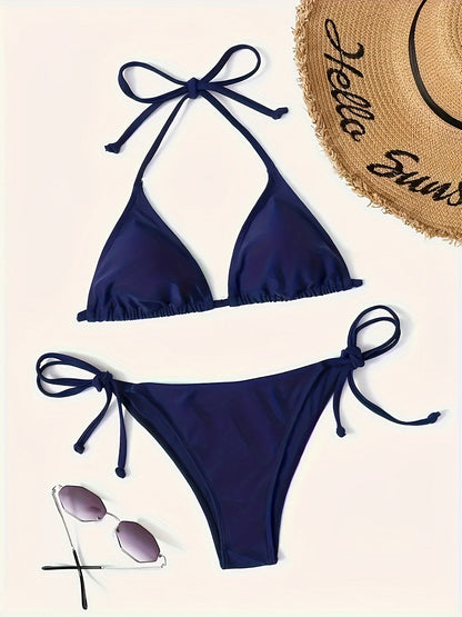 Eveloria Damen Bikini Set Dunkelblau V-Ausschnitt Nackter Rücken