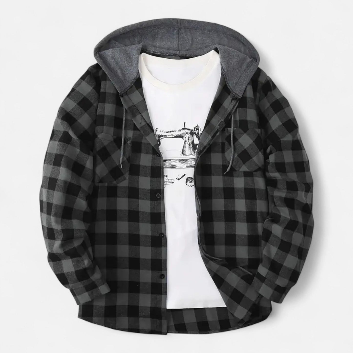 Jadon Herren Karo-Hoodie Knopfleiste Kordelzug