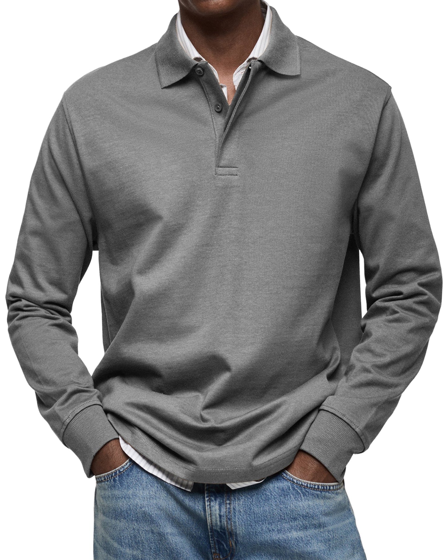 Herren Langarm Poloshirt Knopfleiste Klassisch Beige