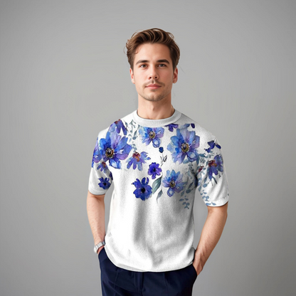 Herren Kurzarmshirt Floralmuster Baumwolle Blau