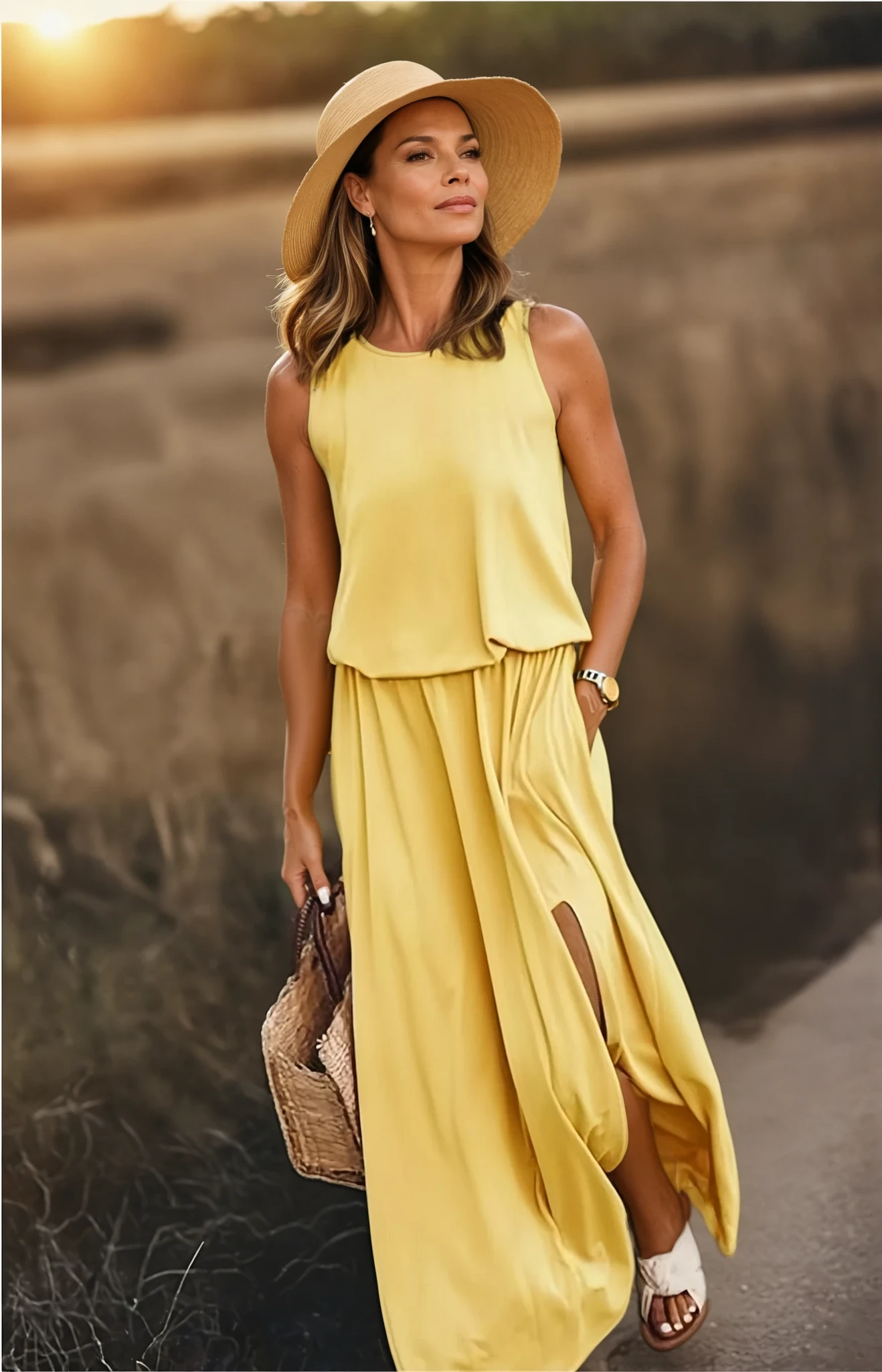 Damen Maxi-Sommerkleid Ärmellos Mit Seitenschlitz