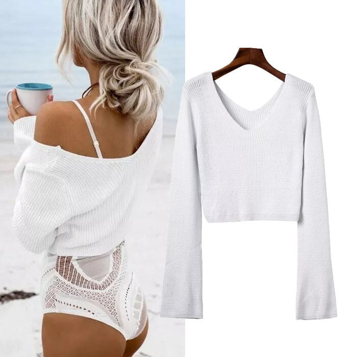 Damen Kurzer Pullover Weiter Kragen Rippstruktur Eveloria - Eveloria
