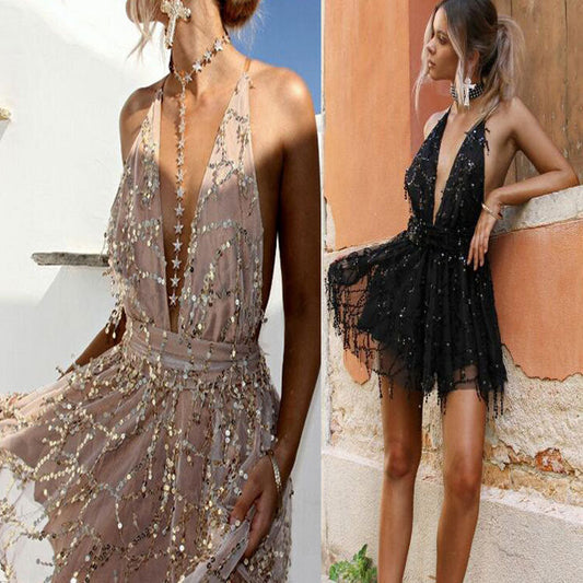 Damen Abendkleid mit V-Ausschnitt und funkelnden Applikationen - Eveloria