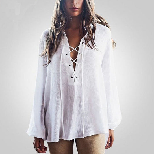 Damen Bluse V-Ausschnitt Elegante Schnürung Eveloria - Eveloria